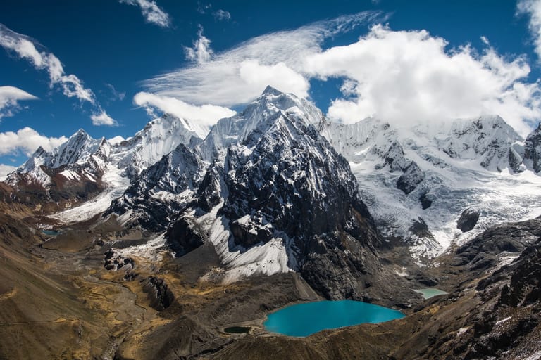 Siulá Grande west face and glacier from San Antonio Pass, Touching the Void mountain, Huayhuash trek Peru